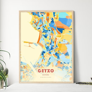 Carte artistique couleurs côtières de Getxo Espagne, carte de la ville de Getxo Espagne - affiche personnalisable ou téléchargement numérique