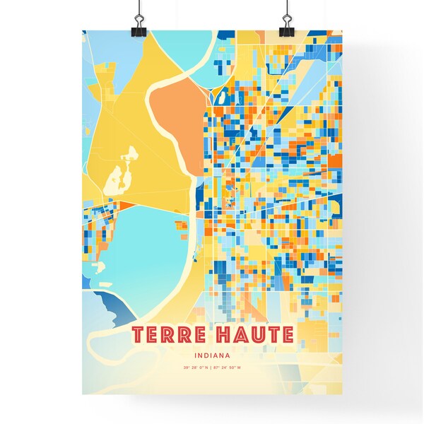 Colorful TERRE HAUTE INDIANA Blue Orange Fine Art Print Terre Haute United States City Map, a perfect gift.