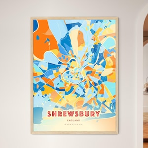 Mapa artístico de colores costeros de Shrewsbury, Inglaterra. Mapa de la ciudad de Shrewsbury, Inglaterra: impresión de póster personalizable, enmarcada o en dibond de aluminio.