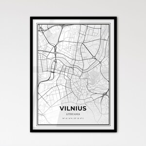 Vilna, Lituania - Mapa de la ciudad de estilo escandinavo para una decoración moderna del hogar - Póster en blanco y negro