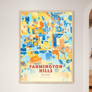 Mappa artistica dei colori costieri di Farmington Hills, Michigan, Farmington Hills, USA, poster creativo bicolore della città natale, anche come download digitale
