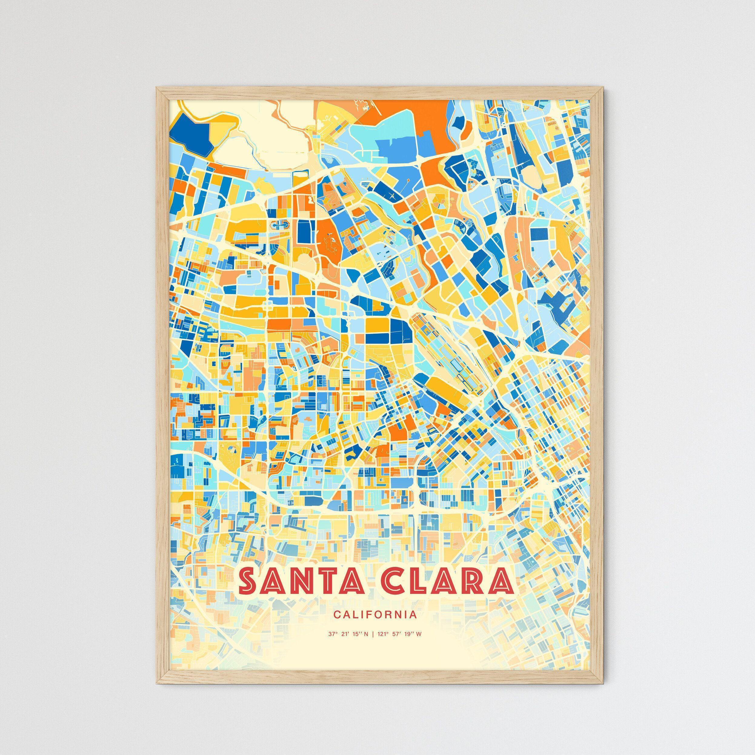 Colorful Santa Clara Map Print: Blue and Orange City Art