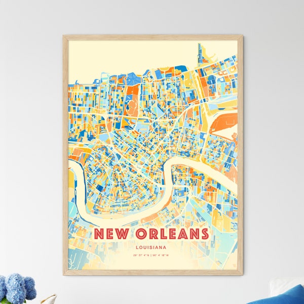 Colorful NEW ORLEANS LOUISIANA Blue Orange Fine Art Print, New Orleans Usa City Map