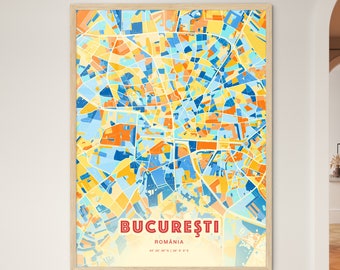 Colorful BUCHAREST ROMANIA Blue Orange Fine Art Print, Bucureşti România City Map, a perfect gift.