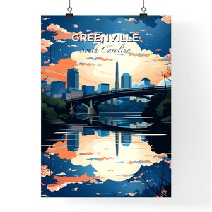 Greenville, South Carolina, a bridge over a river with trees and a city – Travel Skylines Collection | Customizable