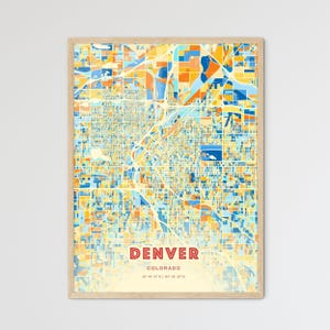 Mapa artístico de la costa de Denver, Colorado, con colores, mapa de la ciudad de Denver, EE. UU. - Impresión de póster personalizable, enmarcada o en dibond de aluminio