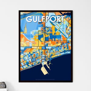 Mapa artístico vibrante de Gulfport Mississippi: impresión de póster para decoración del hogar, idea de regalo única, decoración de arte de pared personalizable.