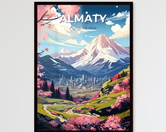 Almaty, Kazakhstan, A Poster of a landscape with a city and mountains. Customisable travel art print, a memorable gift.