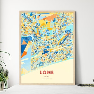 Mapa artístico de colores de la costa de Lomé, Togo, mapa de la ciudad de Lomé, Togo: póster personalizable, impresión o descarga digital