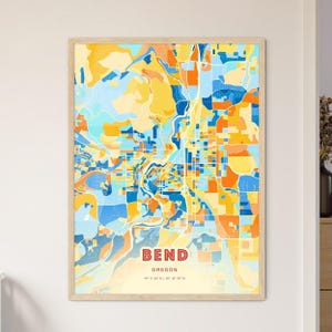 Mapa artístico de colores costeros de Bend, Oregón. Póster creativo de ciudad natal de Bend, EE. UU., en dos tonos. También disponible como descarga digital.