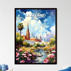 Lakeland, Florida, un dipinto di una città con un fiume e fiori – Collezione Travel Skylines / Personalizzabile