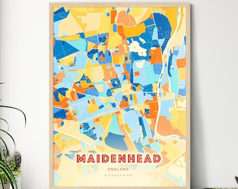 Colorful MAIDENHEAD ENGLAND Blue Orange Fine Art Print Maidenhead England City Map, a perfect gift.