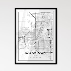 Saskatoon, Canada - Plan de la ville de style scandinave pour une décoration intérieure moderne - Poster en noir et blanc