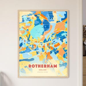 Carte artistique de Rotherham en Angleterre couleurs côtières, carte de la ville de Rotherham en Angleterre - impression poster personnalisable ou téléchargement numérique