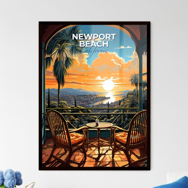 Newport Beach, California, a table and chairs on a balcony overlooking a city. Customisable travel art print, a memorable gift.