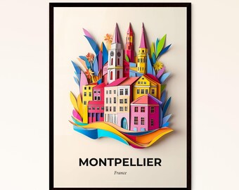Vivid Montpellier, France - a paper cut of a city with a church and a rainbow colored building – Fine Art Print, Customizable