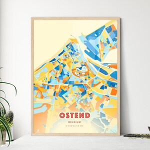 Carte artistique couleurs côtières d'Ostende en Belgique, carte de la ville d'Ostende en Belgique - affiche personnalisable ou téléchargement numérique