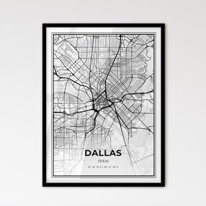 Dallas Texas - Stadtplan im Skandinavischen Stil für ein modernes Wohndekor - schwarz weiß Poster