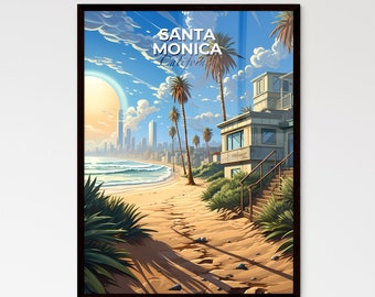 Santa Monica, California, A Poster of a beach with palm trees and a building. Customisable travel art print, a memorable gift.