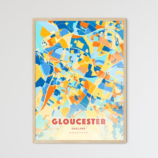 Colorful GLOUCESTER ENGLAND Blue Orange Fine Art Print, Gloucester England City Map, a perfect gift.