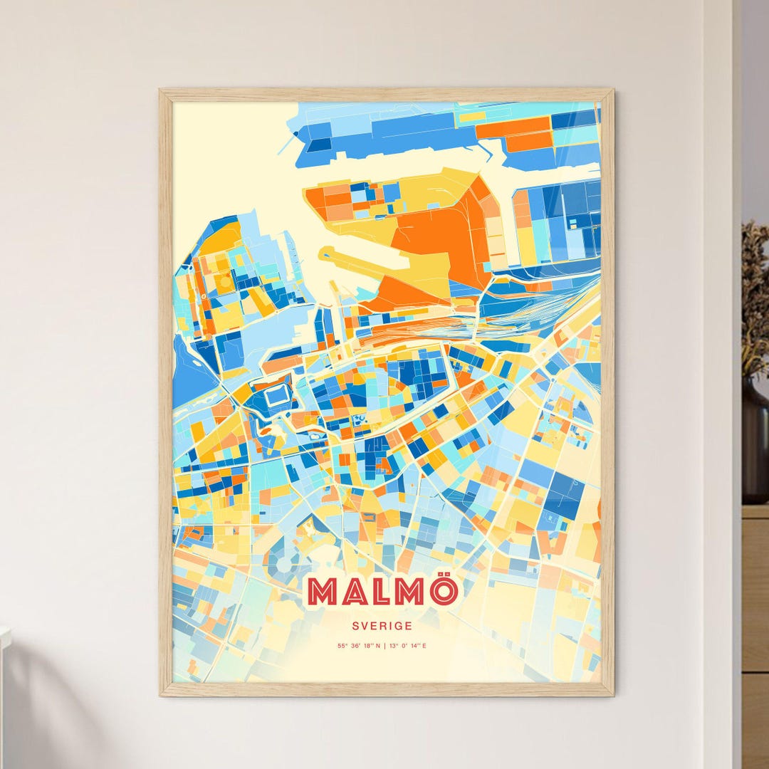 Malmö Sweden Coastal Colors Art Map, Malmö Sverige City Map ...