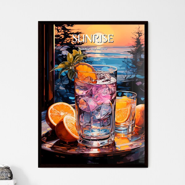 Vodka vibrante Sunrise - Un verre de glace et des oranges sur un plateau - Art de cuisine, art de restaurant, cadeau de nourriture.