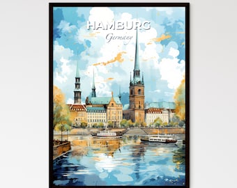 Ein Poster von Hamburg Deutschland Skyline - Ein Wasser mit Booten und Gebäuden und Bäumen - Personalisierbares Reisegeschenk, Reisekunst