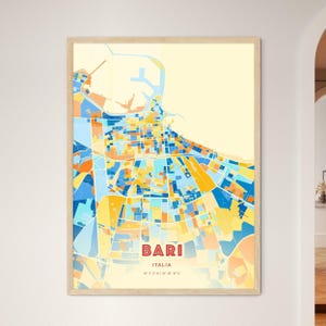 Mappa artistica dei colori costieri di Bari, Italia, mappa della città di Bari, Italia - Stampa poster personalizzabile o download digitale