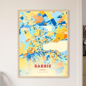 Mapa artístico de colores costeros de Barrie, Canadá. Mapa de la ciudad de Barrie, Canadá. Impresión de póster personalizable, enmarcada o en dibond de aluminio.