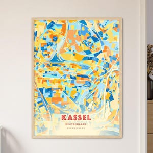 Carte artistique de couleurs côtières de Kassel en Allemagne, carte de la ville de Kassel en Allemagne - affiche personnalisable ou téléchargement numérique