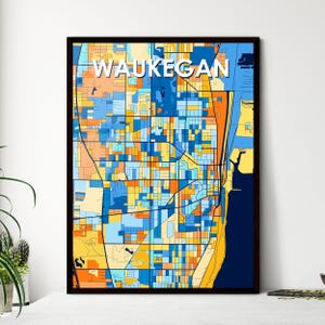 Waukegan, Illinois Kunst Map Print - Lebendiges Buntes Dekor für Einzigartige Geschenke | Atemberaubendes Home Interior Design