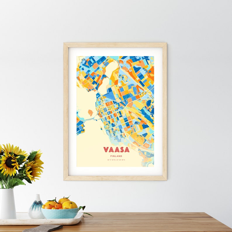 Colorful VAASA FINLAND Blue Orange Fine Art Print, Vaasa Finland City Map, a perfect gift. image 3