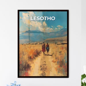 Sendero para caminar con pinturas vibrantes de África, Lesoto, montañas de hierba alta: destinos de viaje / personalizables