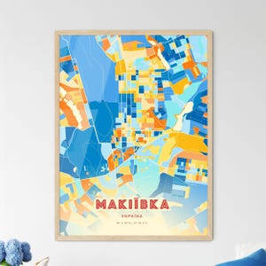 Carte artistique couleurs côtières de Makiivka Ukraine, carte de la ville de акіївка Україна - impression poster personnalisable ou téléchargement numérique