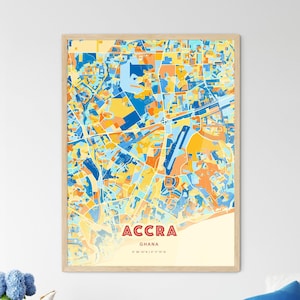 Carte artistique couleurs côtières d'Accra au Ghana, carte de la ville d'Accra au Ghana - impression poster personnalisable ou téléchargement numérique