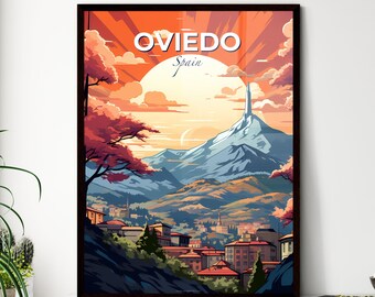 Oviedo, Spain, A Poster of a landscape of a city with mountains and trees. Customisable travel art print, a memorable gift.