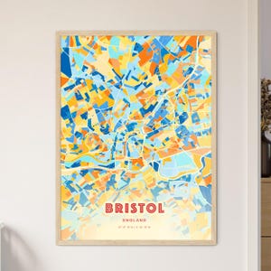 Colorful Bristol England Blue Orange Fine Art Print, Bristol England City Map - Customizable Poster Print, Personalized Gift