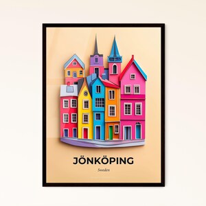 Das lebendige Jönköping, Schweden - Scherenschnitt einer Stadt mit Glockenturm – Fine Art Print, personalisierbar