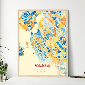 Carte artistique couleurs côtières de Vaasa Finlande, carte de la ville de Vaasa Finlande - impression poster personnalisable ou téléchargement numérique