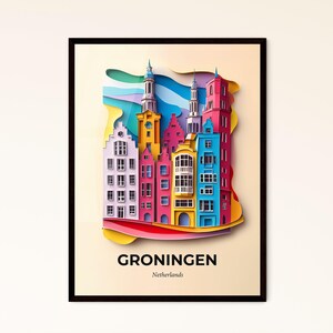 Vivid Groningen, Pays-Bas - une ville avec une tour d'horloge en papier découpé - Impression d'art, personnalisable