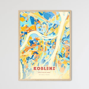 Carte artistique de couleurs côtières de Coblence en Allemagne, carte de la ville de Coblence en Allemagne - impression poster personnalisable ou téléchargement numérique