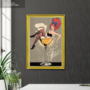 Retro Bar Wall Art, Elegant Pin-Up Girl, Martini Glass Art, Vintage Cocktail Poster, Nostalgic City Nightlife Decor, Framed Canvas Print