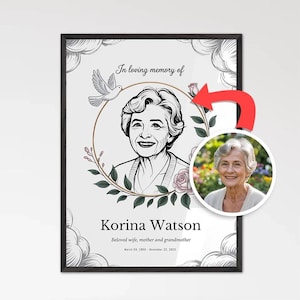 Può includere: Un ritratto commemorativo incorniciato con un bordo nero. L'opera presenta un disegno a tratto di una donna all'interno di una ghirlanda floreale, una colomba e il testo "In loving memory of Korina Watson". È inserita una foto a colori più piccola.