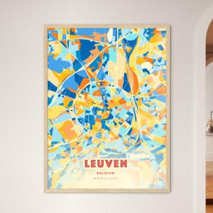 Mapa artístico de la costa de Lovaina, Bélgica, con colores, mapa de la ciudad de Lovaina, Bélgica: póster personalizable, impresión o descarga digital.