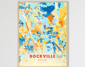 Colorful ROCKVILLE MARYLAND Blue Orange Fine Art Print, Rockville Usa Two-toned Creative Hometown City Poster, a perfect gift.