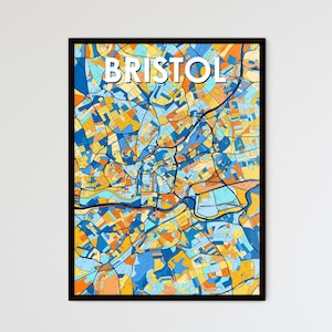 Kaartposter met levendige kunst van Bristol, Engeland - uniek personaliseerbaar woondecoratie | Cadeau voor kleurrijk interieur!