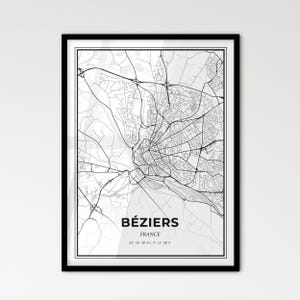 Béziers, France - Plan de la ville de style scandinave pour une décoration intérieure moderne - Poster en noir et blanc