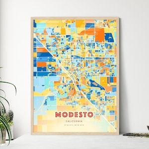 Mapa de arte com cores costeiras de Modesto, Califórnia, mapa da cidade de Modesto, EUA - pôster personalizável, impressão ou download digital