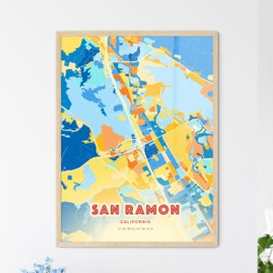 San Ramon Kalifornien Küstenfarben Kunst Karte San Ramon USA Stadt Karte - Personalisierbarer Posterdruck oder digitaler Download