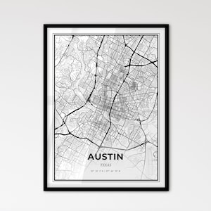 Austin, Texas - Plan de la ville de style scandinave pour une décoration intérieure moderne - Poster en noir et blanc